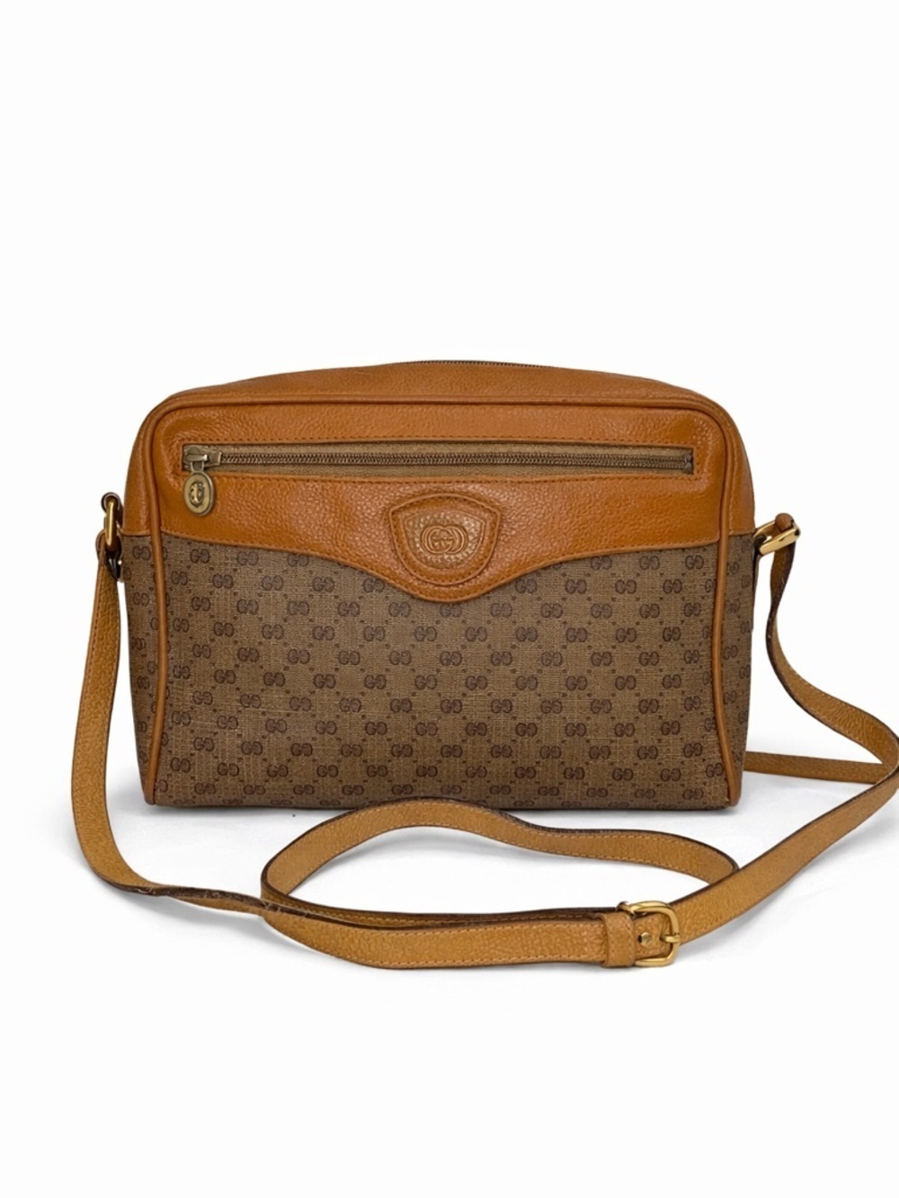 Gucci Vintage GG Monogram Canvas Crossbody Bag Brown Leather Trim Messenger